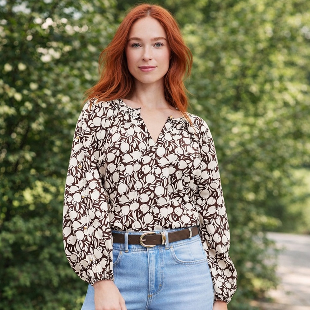 LOFT Floral Peasant Blouse Brown Ivory Cotton Tulip Sleeve Boho Medium
